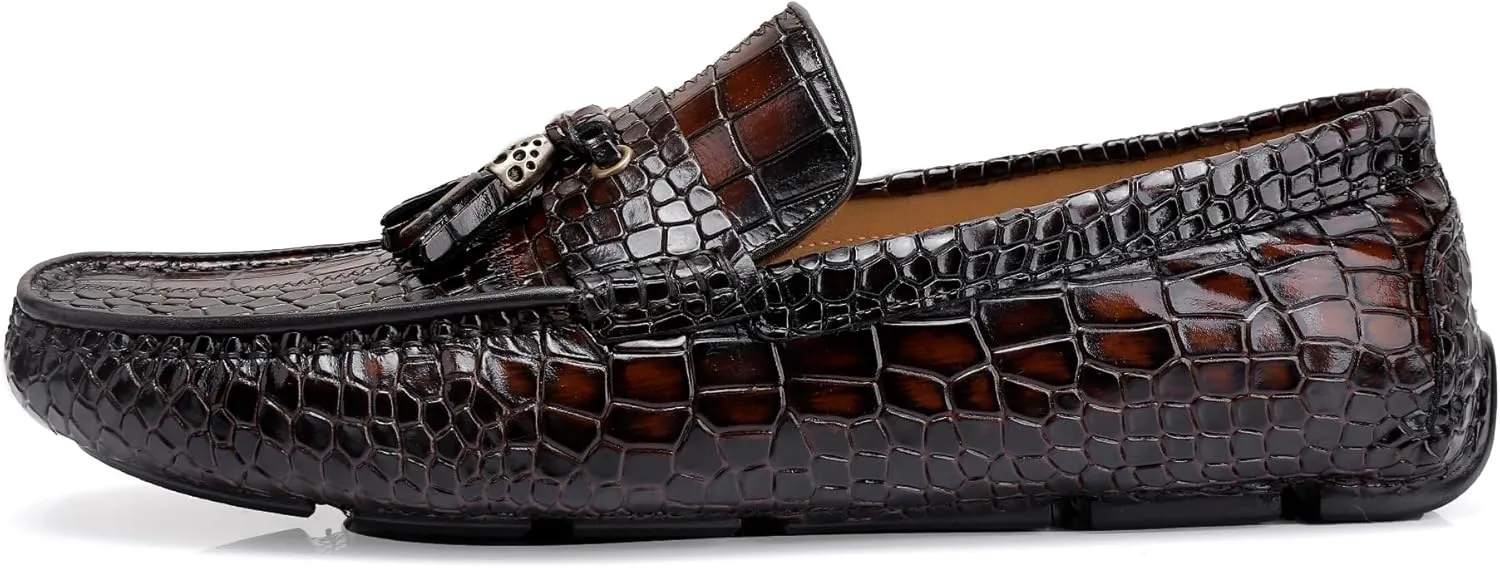 Men's Dress Shoes with Tassel, Classic Leather Crocodile Pattern Driving Shoes for Men