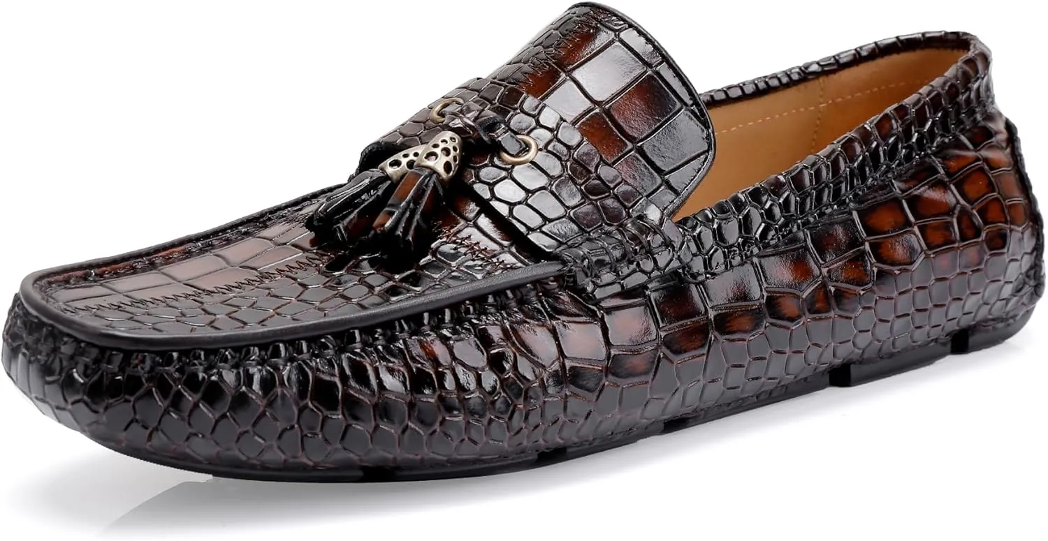 Men's Dress Shoes with Tassel, Classic Leather Crocodile Pattern Driving Shoes for Men