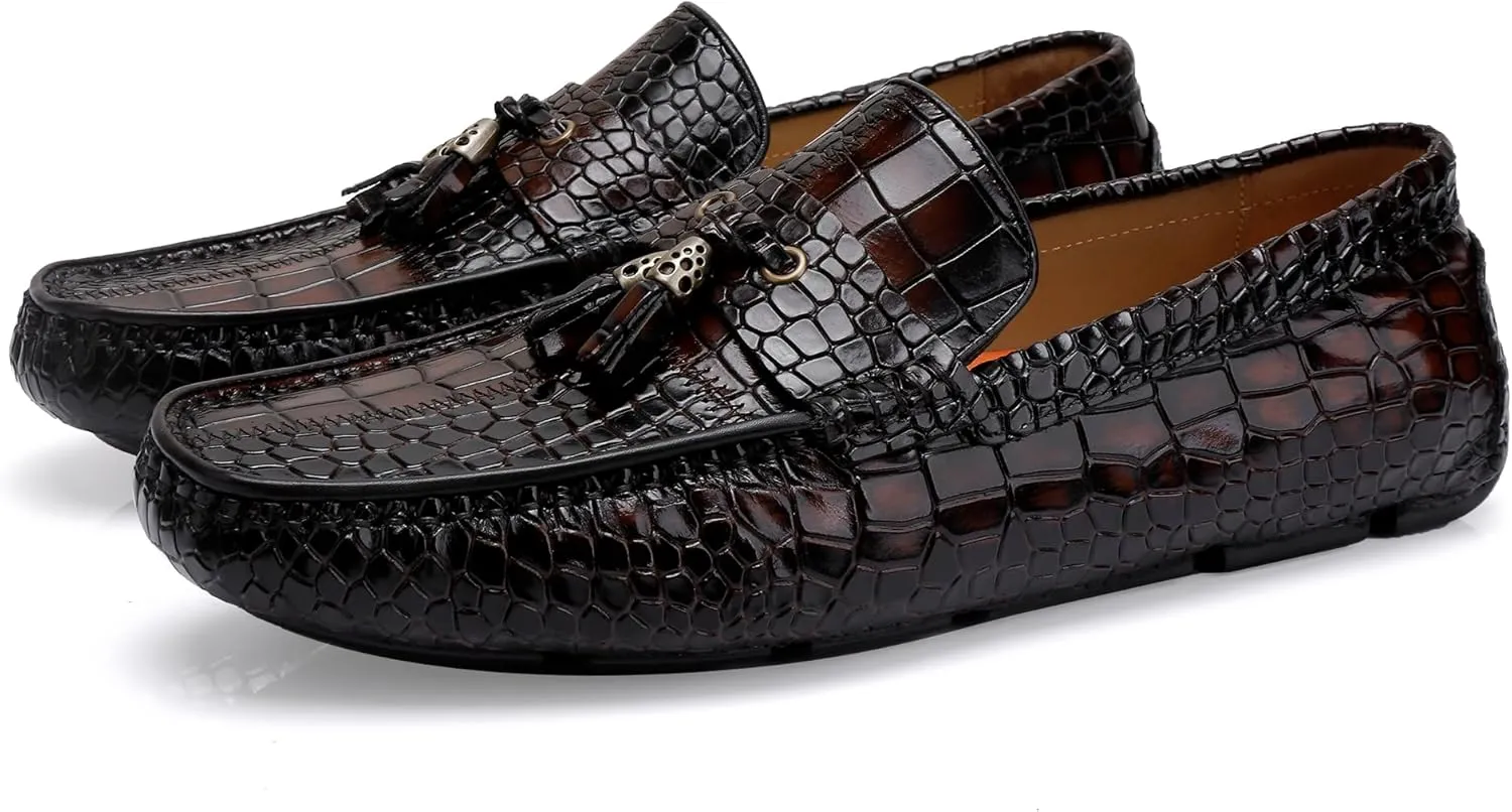 Men's Dress Shoes with Tassel, Classic Leather Crocodile Pattern Driving Shoes for Men
