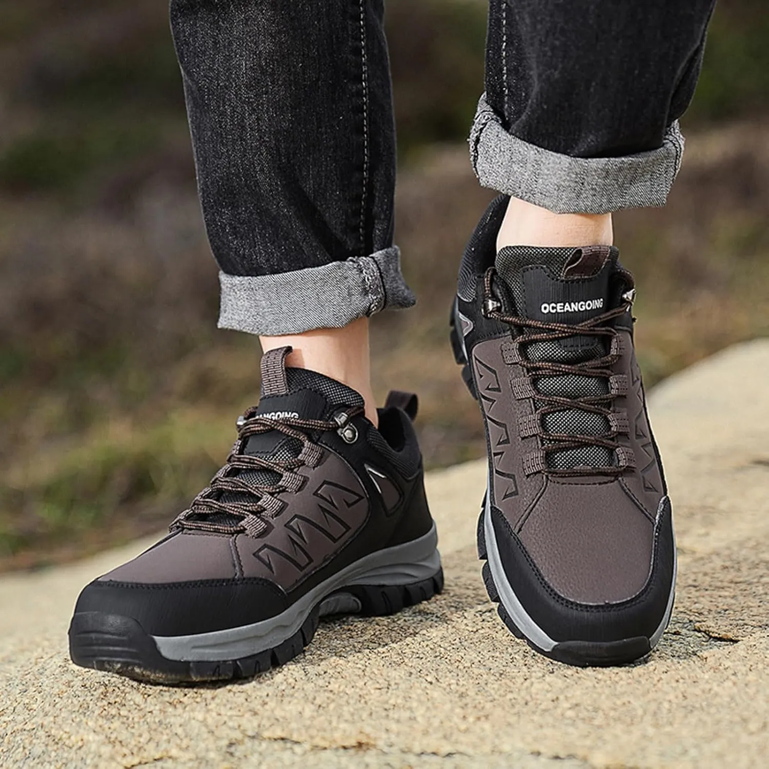 Men's Entry Level Hiking Waterproof Casual Breathable Leather Outdoor Lightweight Non Slip Comfortable Mountaineering Climbing Walking Work Shoes for Men