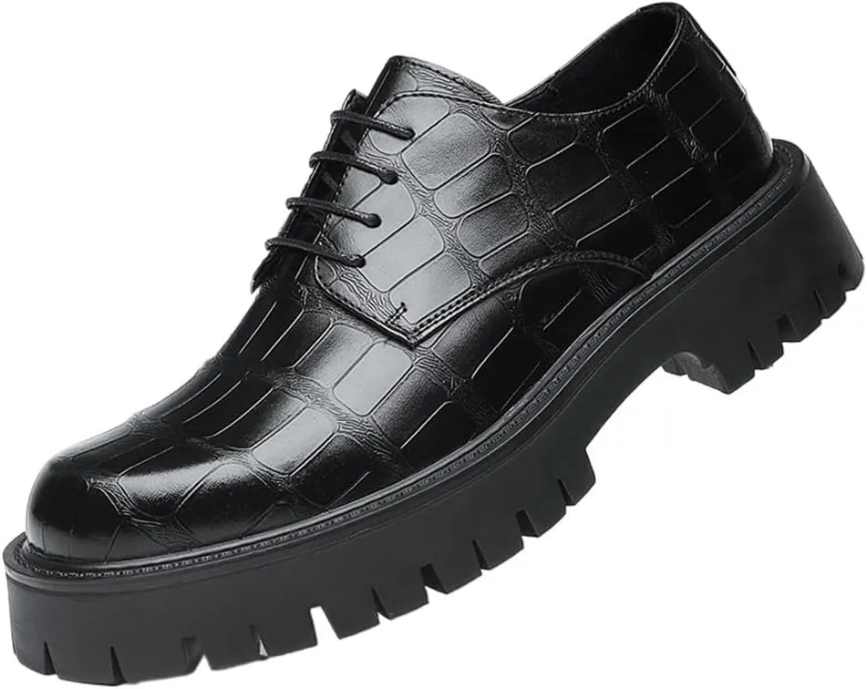 Men's Fashion Black Loafers, Retro Casual Leather Chunky Platform Oxford Shoes, Low Heel Business Shoes with Anti-Slip Lug Sole, Classic Brogues for Office & Casual Wear