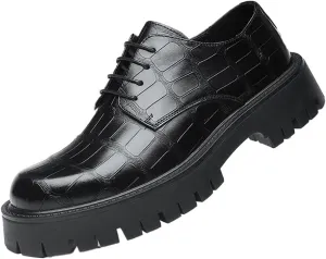 Men's Fashion Black Loafers, Retro Casual Leather Chunky Platform Oxford Shoes, Low Heel Business Shoes with Anti-Slip Lug Sole, Classic Brogues for Office & Casual Wear