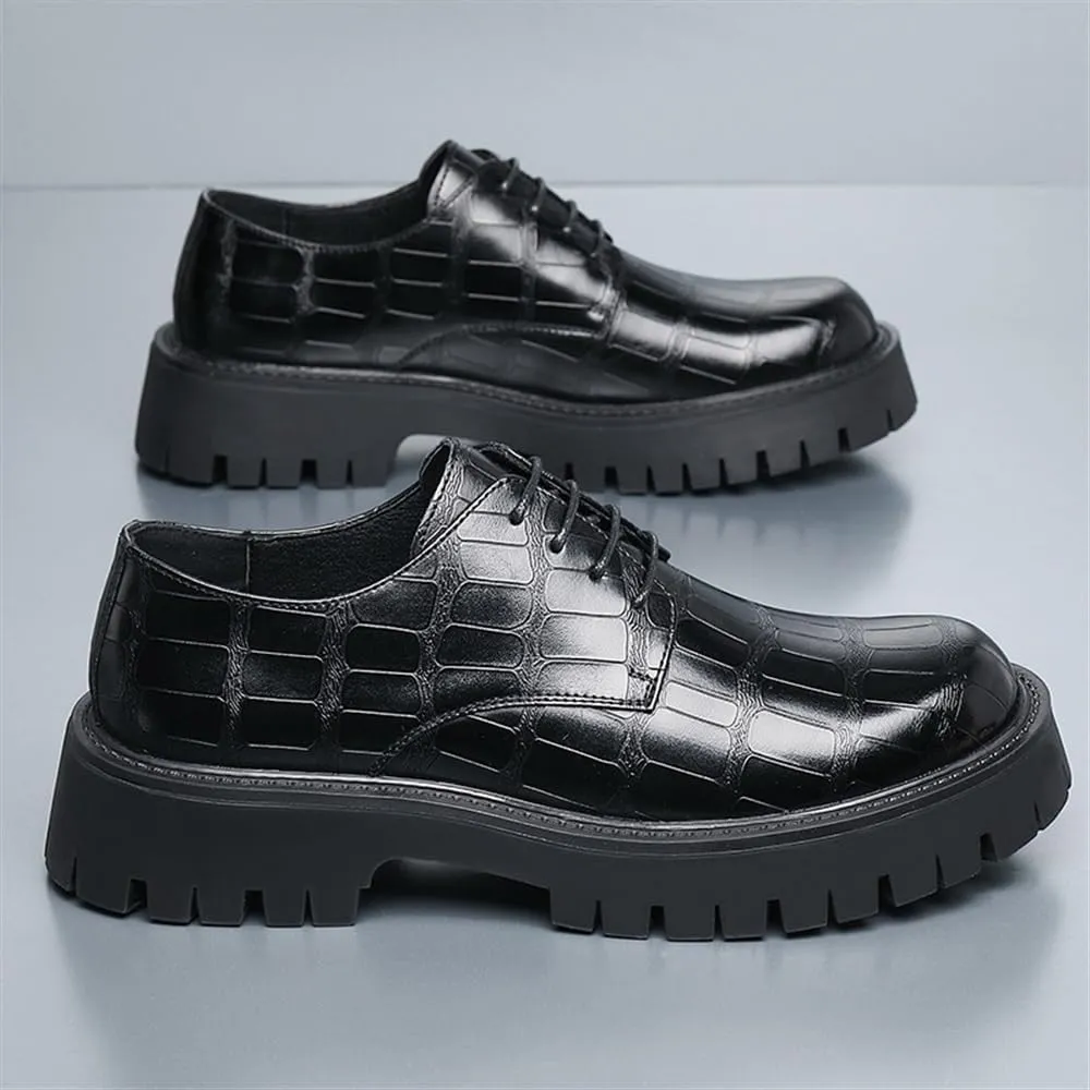 Men's Fashion Black Loafers, Retro Casual Leather Chunky Platform Oxford Shoes, Low Heel Business Shoes with Anti-Slip Lug Sole, Classic Brogues for Office & Casual Wear