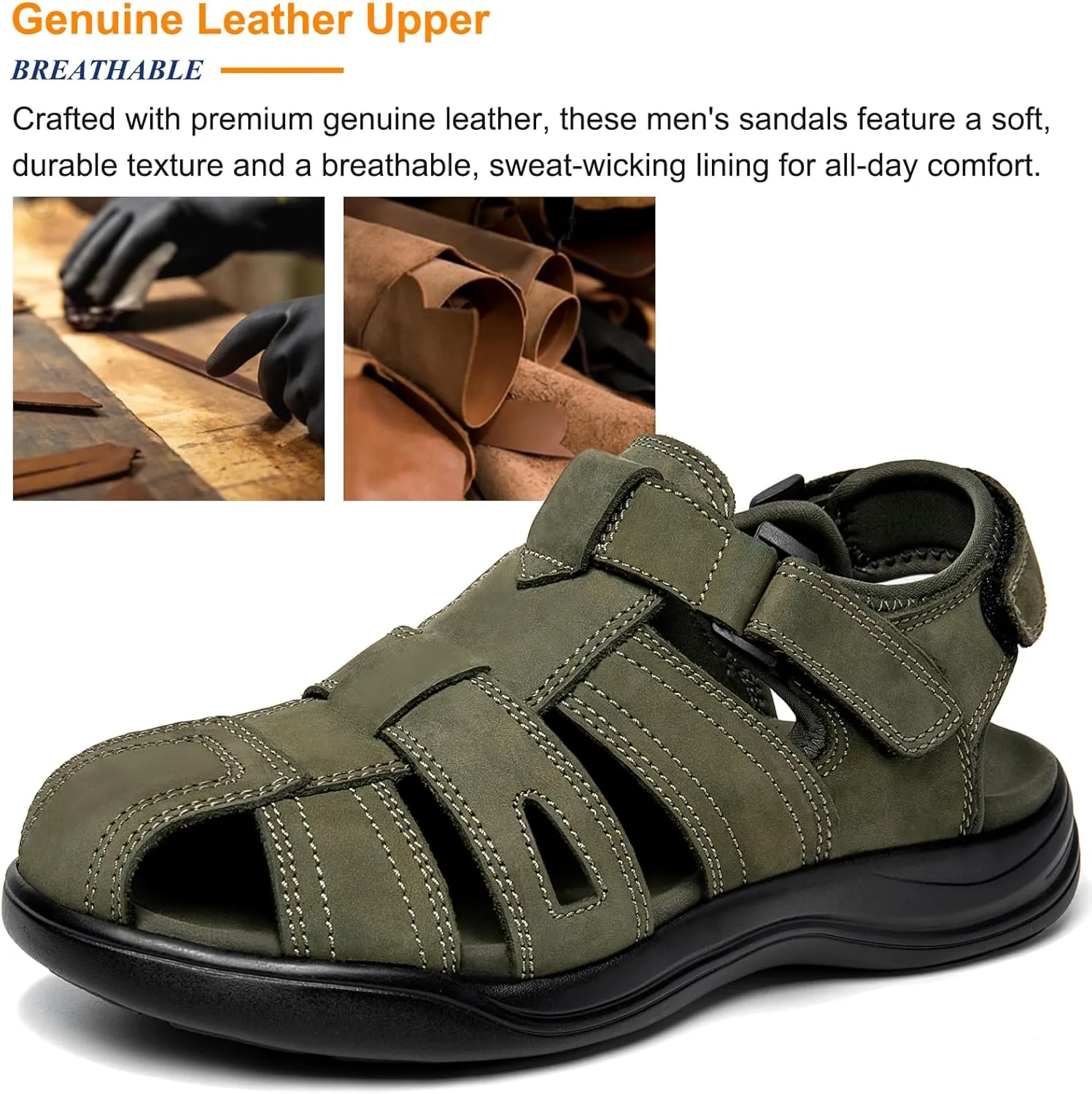 Mens Fisherman Leather Closed Toe Sandals Walking Dress Casual Sandalias Whith Memory Foam Summer Outdoor Athletic Adjustable Comfortable