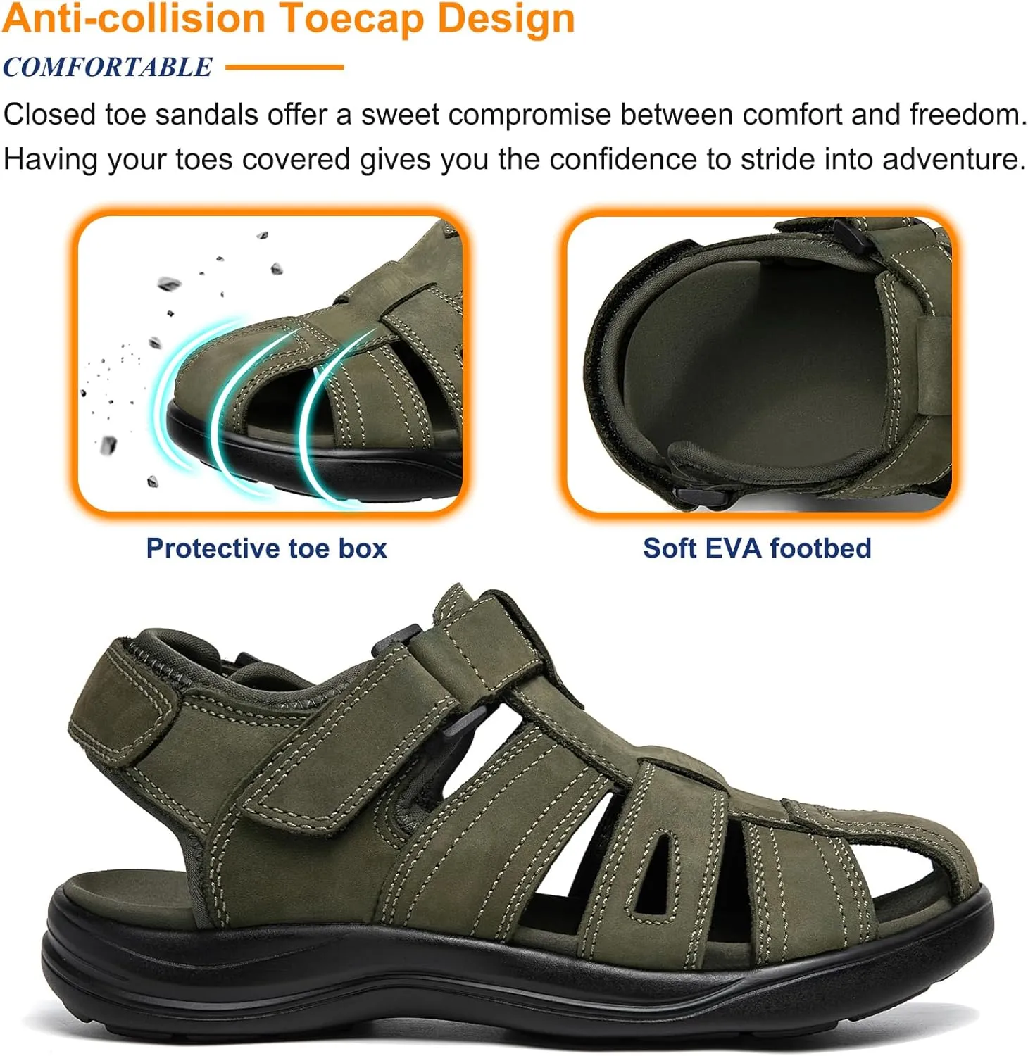 Mens Fisherman Leather Closed Toe Sandals Walking Dress Casual Sandalias Whith Memory Foam Summer Outdoor Athletic Adjustable Comfortable