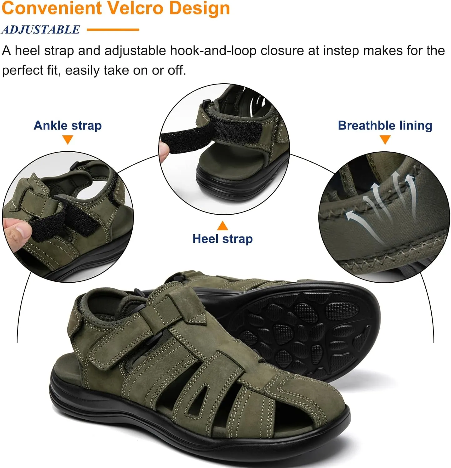 Mens Fisherman Leather Closed Toe Sandals Walking Dress Casual Sandalias Whith Memory Foam Summer Outdoor Athletic Adjustable Comfortable