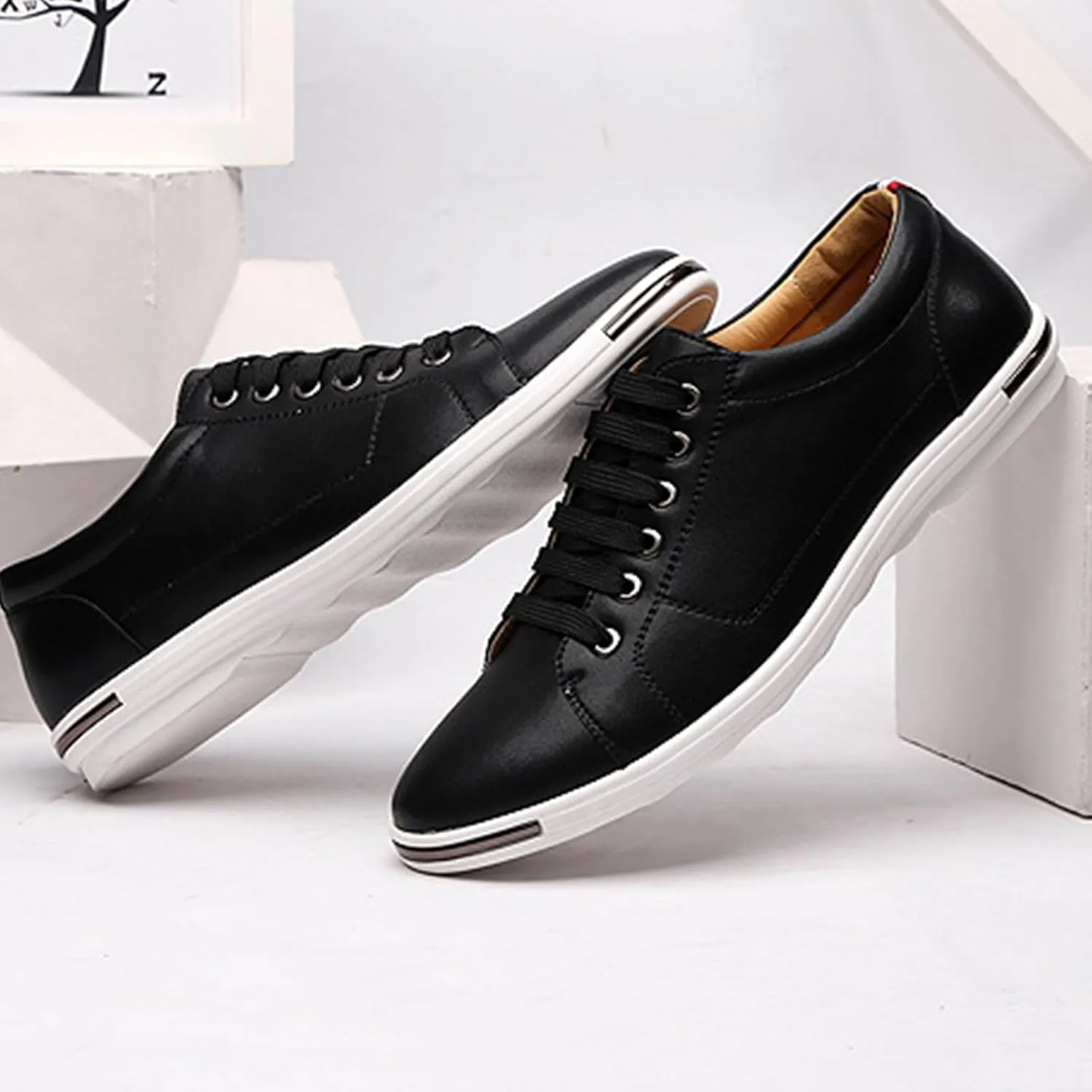 Men's Flat Dress Sneakers Leather Lace-Up Round Toe Design with Soft Sole, Non-Slip Business Work Shoes for Daily and Sporting Activities