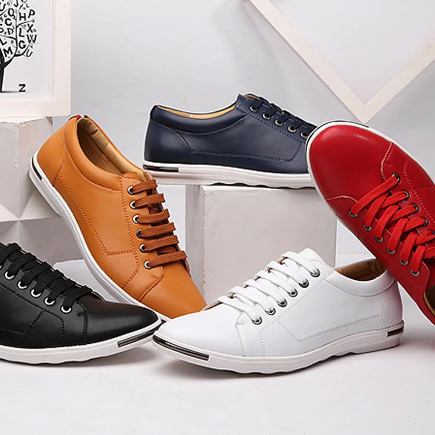 Men's Flat Dress Sneakers Leather Lace-Up Round Toe Design with Soft Sole, Non-Slip Business Work Shoes for Daily and Sporting Activities