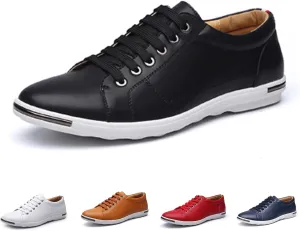 Men's Flat Dress Sneakers Leather Lace-Up Round Toe Design with Soft Sole, Non-Slip Business Work Shoes for Daily and Sporting Activities