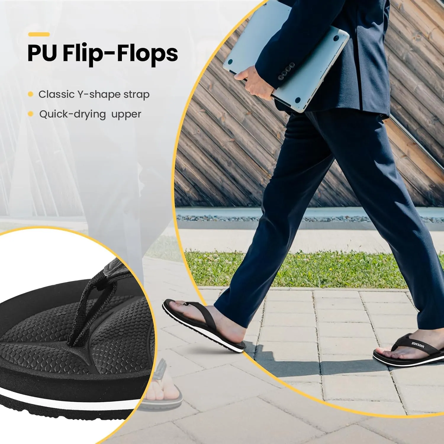 Mens Flip Flops - Comfort Arch Support Slides - Memory Foam Slip On Beach Sandals - Waterproof Open Toe Thong Slippers Summer Footwear