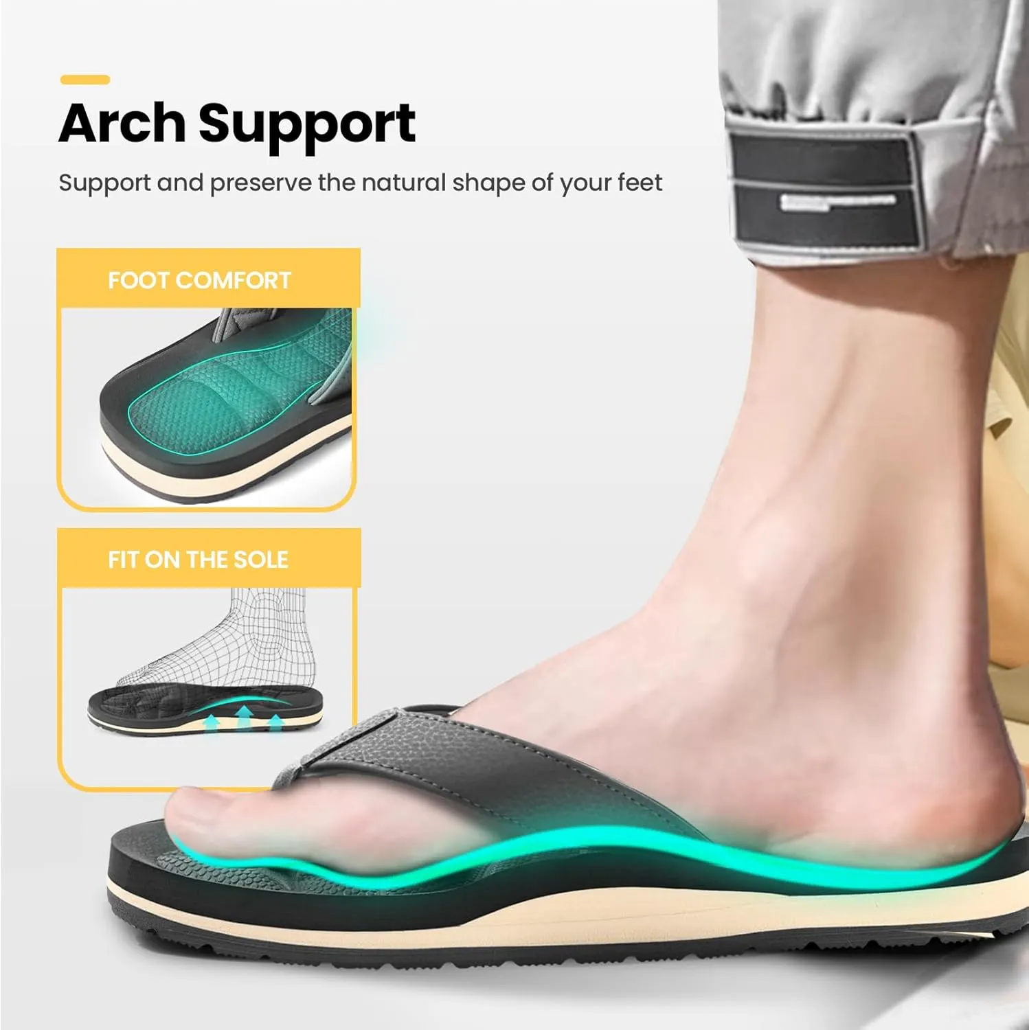Mens Flip Flops - Comfort Arch Support Slides - Memory Foam Slip On Beach Sandals - Waterproof Open Toe Thong Slippers Summer Footwear