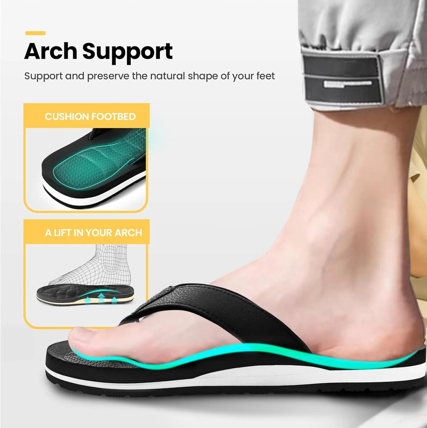 Mens Flip Flops - Comfort Arch Support Slides - Memory Foam Slip On Beach Sandals - Waterproof Open Toe Thong Slippers Summer Footwear