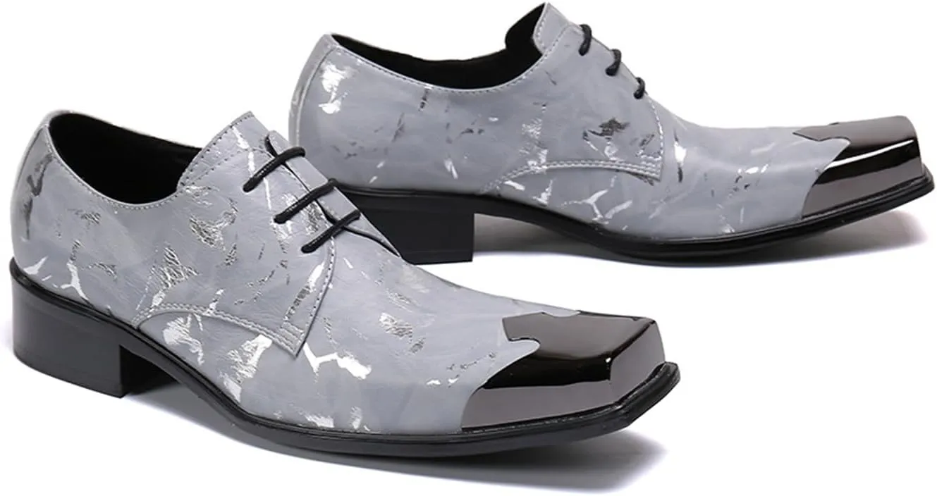 Mens Lace-Up Shoes, Loafers Cowhide Shoes Genuine Leather Large Size Low Top Metal Square Toe Breathable Comfortable Casual Shoes