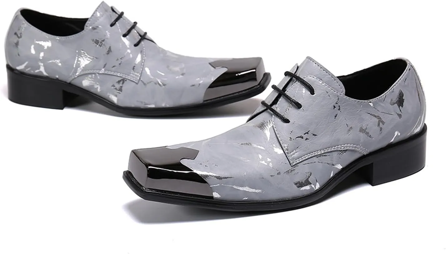 Mens Lace-Up Shoes, Loafers Cowhide Shoes Genuine Leather Large Size Low Top Metal Square Toe Breathable Comfortable Casual Shoes