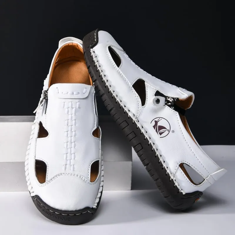 Men's Leather Hollow Athletic Sandals Casual Closed Toe Slip-on Roman Shoes Outdoor Beach Zipper Fisherman Shoes