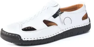 Men's Leather Hollow Athletic Sandals Casual Closed Toe Slip-on Roman Shoes Outdoor Beach Zipper Fisherman Shoes