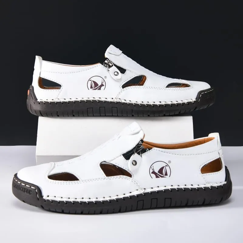 Men's Leather Hollow Athletic Sandals Casual Closed Toe Slip-on Roman Shoes Outdoor Beach Zipper Fisherman Shoes