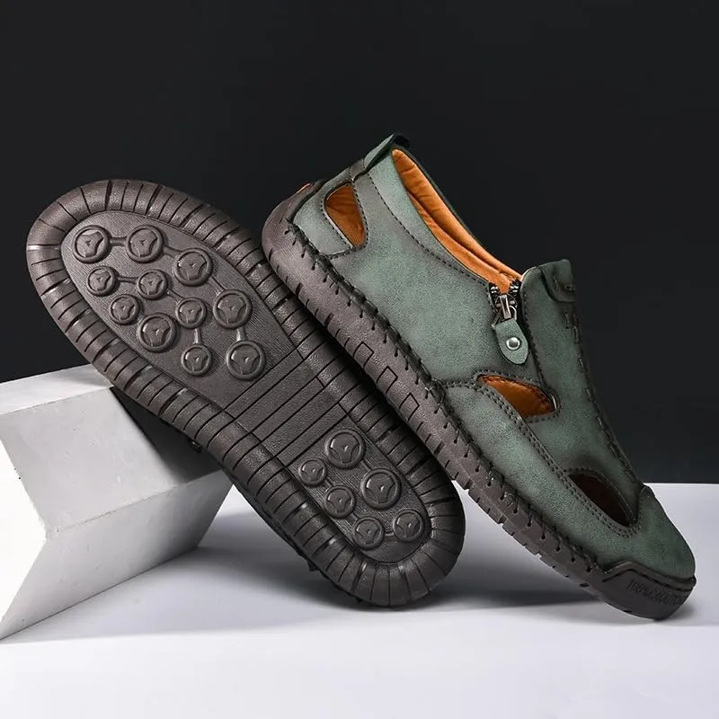 Men's Leather Hollow Athletic Sandals Casual Closed Toe Slip-on Roman Shoes Outdoor Beach Zipper Fisherman Shoes