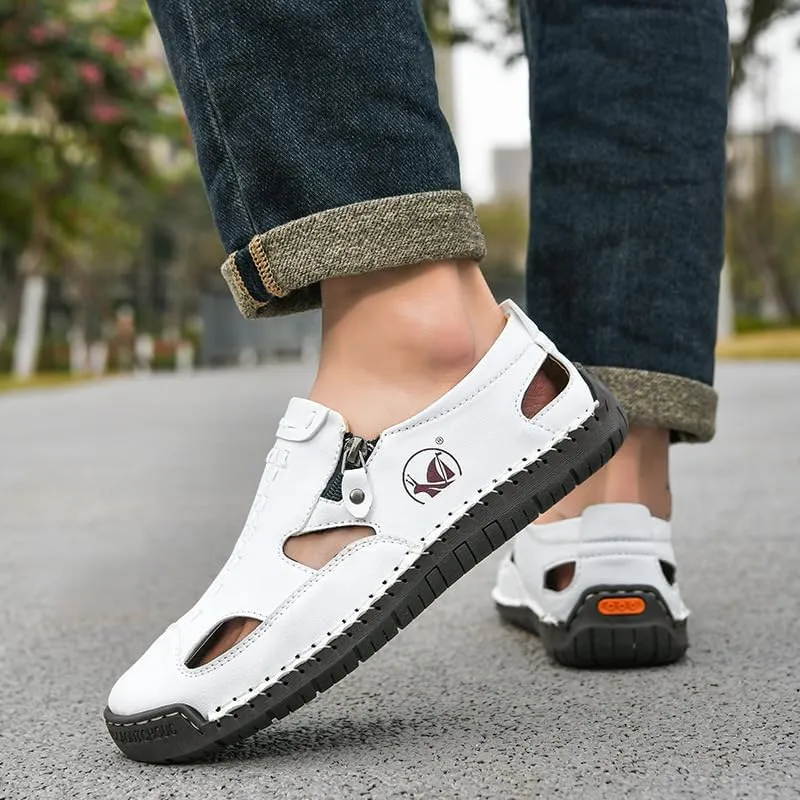 Men's Leather Hollow Athletic Sandals Casual Closed Toe Slip-on Roman Shoes Outdoor Beach Zipper Fisherman Shoes