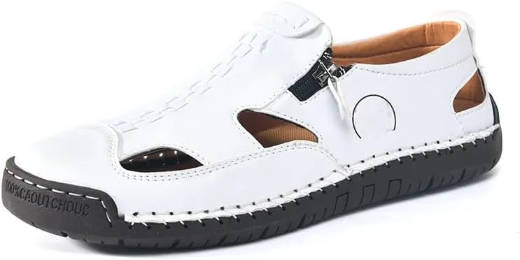 Men's Leather Hollow Athletic Sandals Casual Closed Toe Slip-on Roman Shoes Outdoor Beach Zipper Fisherman Shoes