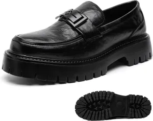 Men's Leather Platform Loafers Metal Buckle Detail Non-Slip Lug Sole Comfortable & Stylish Dress Shoes for Business Casual Work & Formal Occasions