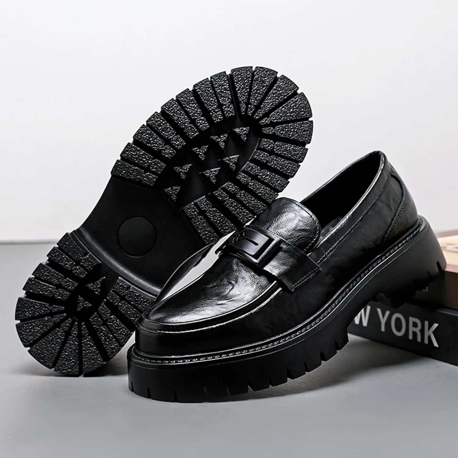 Men's Leather Platform Loafers Metal Buckle Detail Non-Slip Lug Sole Comfortable & Stylish Dress Shoes for Business Casual Work & Formal Occasions