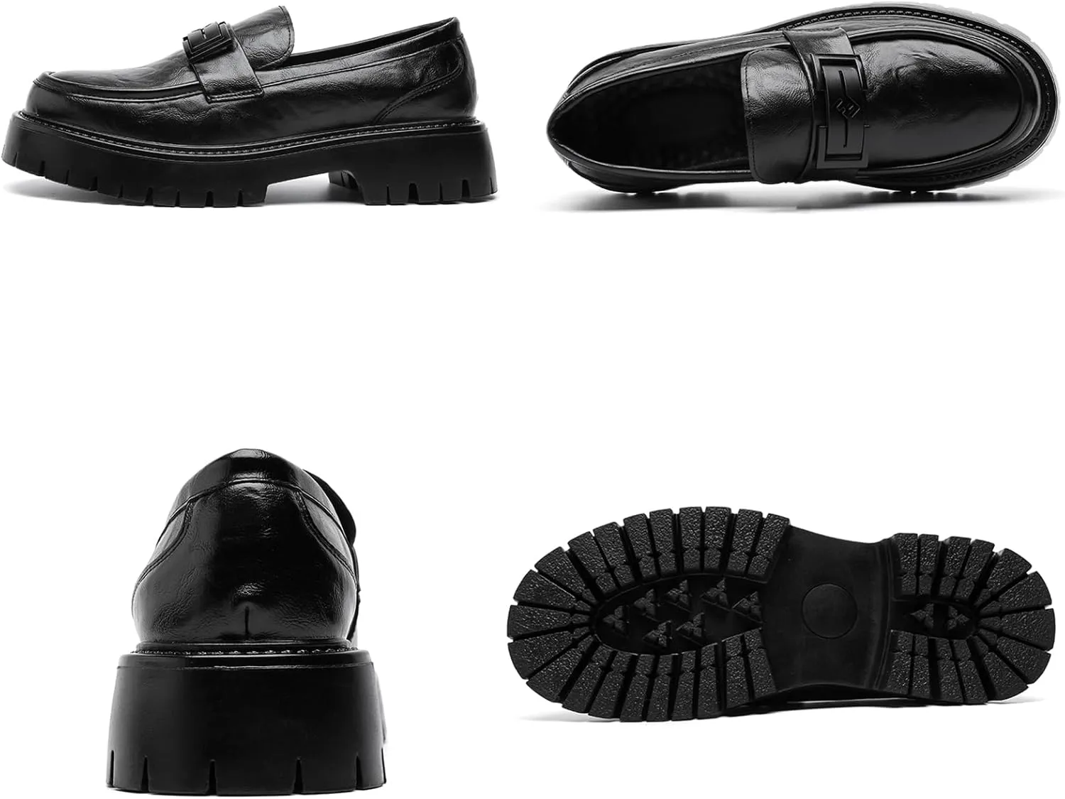 Men's Leather Platform Loafers Metal Buckle Detail Non-Slip Lug Sole Comfortable & Stylish Dress Shoes for Business Casual Work & Formal Occasions