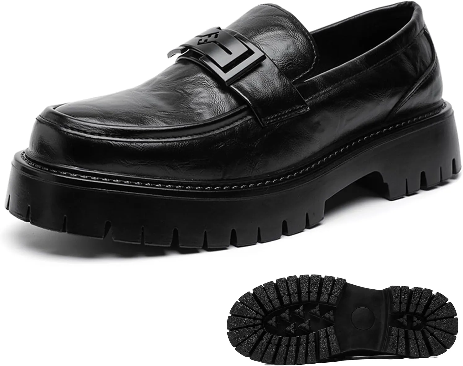Men's Leather Platform Loafers Metal Buckle Detail Non-Slip Lug Sole Comfortable & Stylish Dress Shoes for Business Casual Work & Formal Occasions