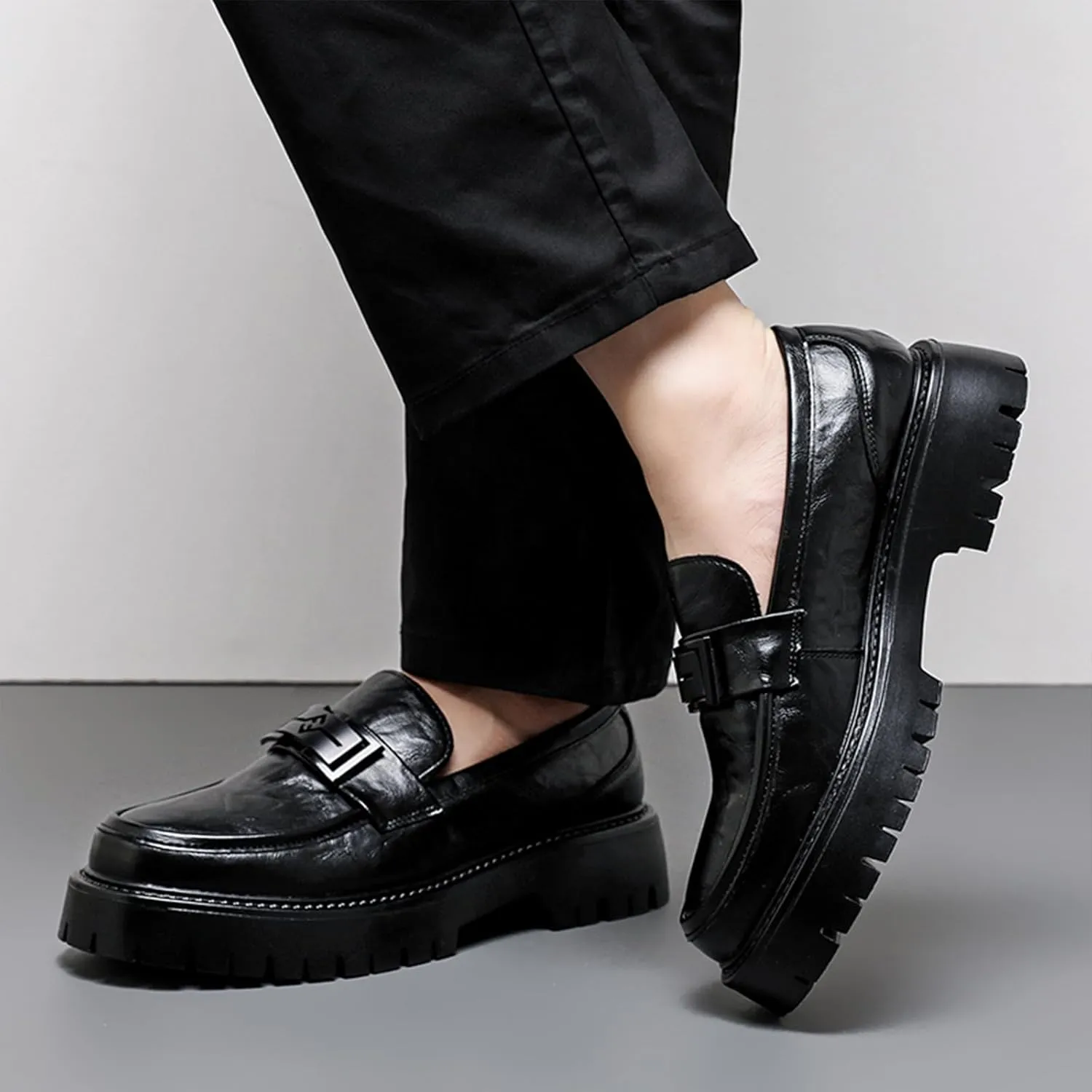 Men's Leather Platform Loafers Metal Buckle Detail Non-Slip Lug Sole Comfortable & Stylish Dress Shoes for Business Casual Work & Formal Occasions