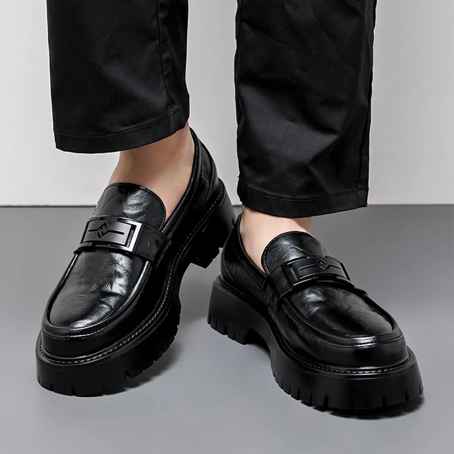 Men's Leather Platform Loafers Metal Buckle Detail Non-Slip Lug Sole Comfortable & Stylish Dress Shoes for Business Casual Work & Formal Occasions