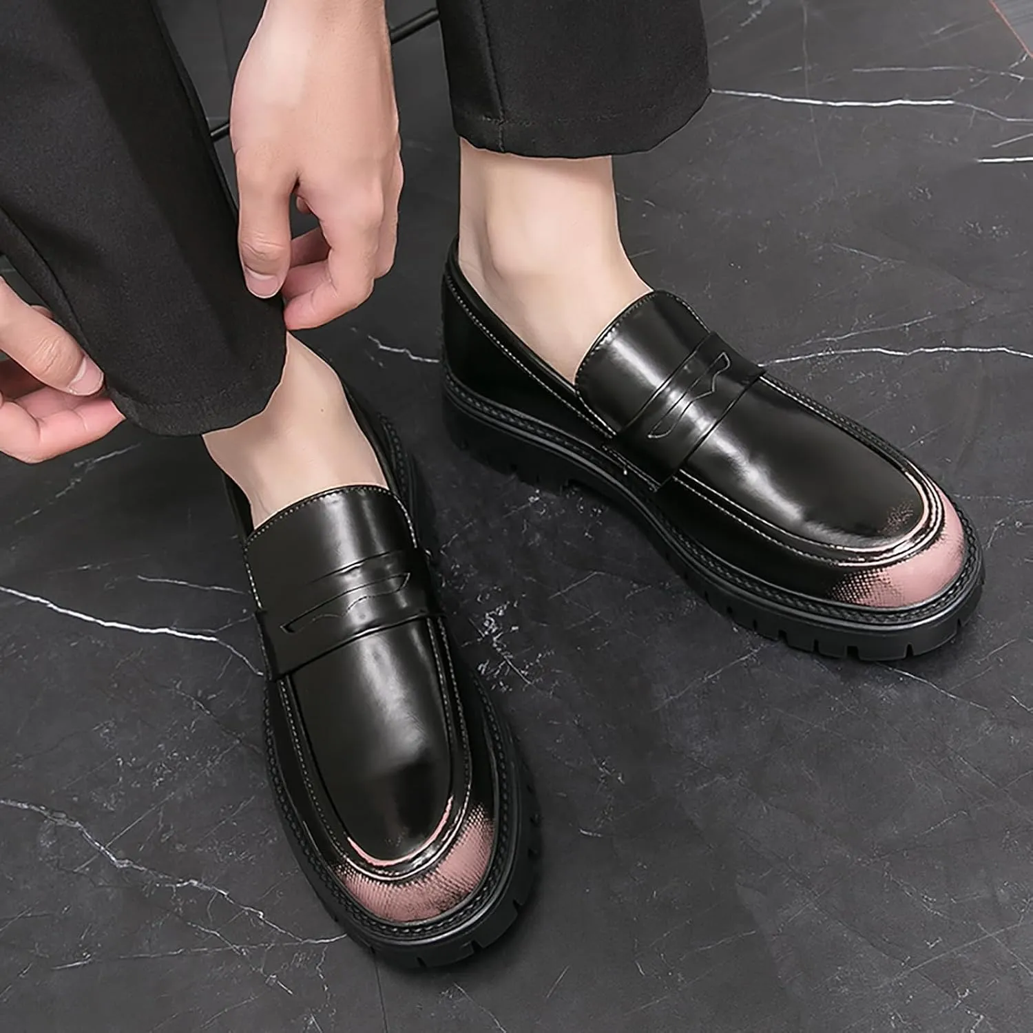 Men's Leather Platform Penny Loafers Classic Round Toe Slip-On Lug Sole Chunky Heel Shoes for Business Formal Work Dress
