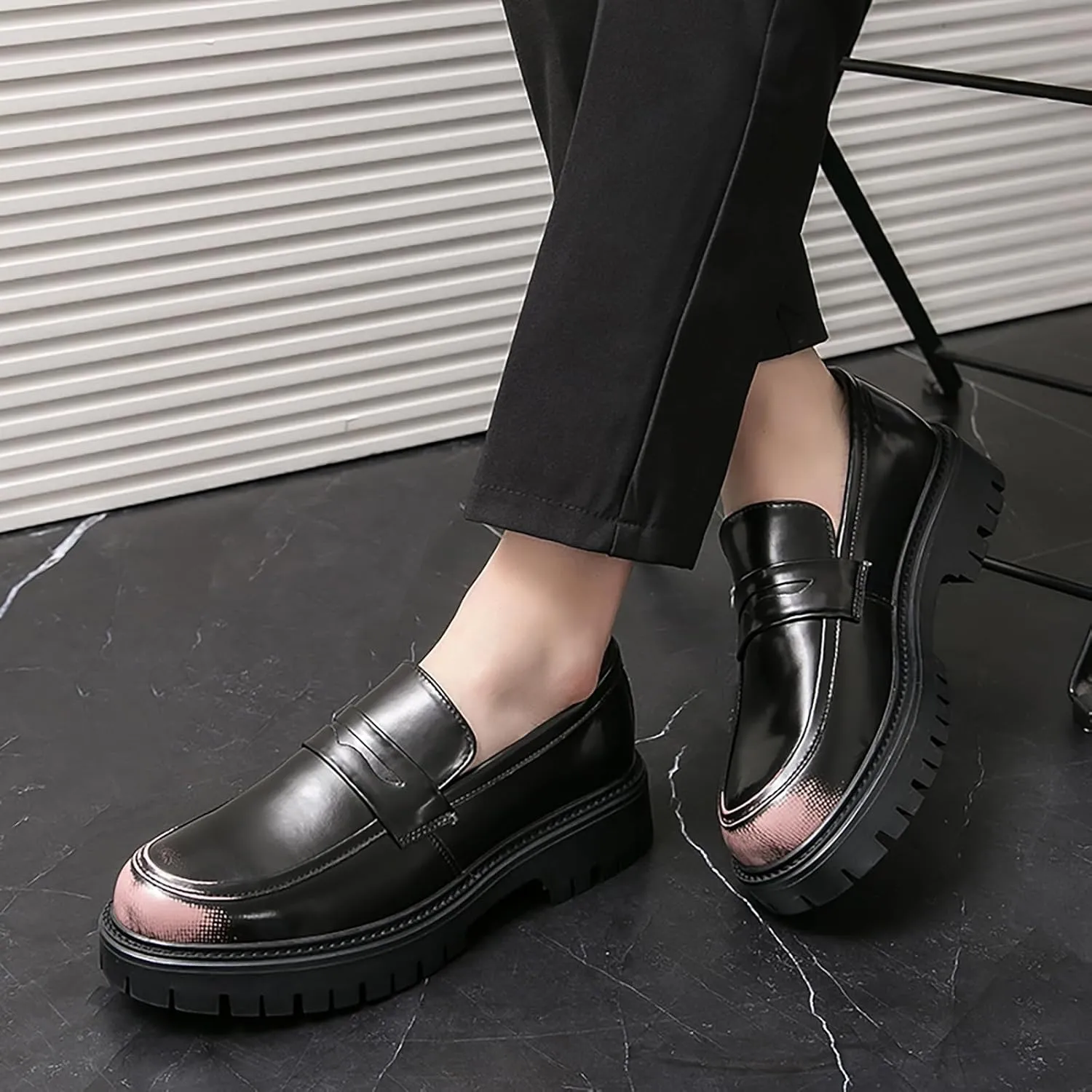 Men's Leather Platform Penny Loafers Classic Round Toe Slip-On Lug Sole Chunky Heel Shoes for Business Formal Work Dress