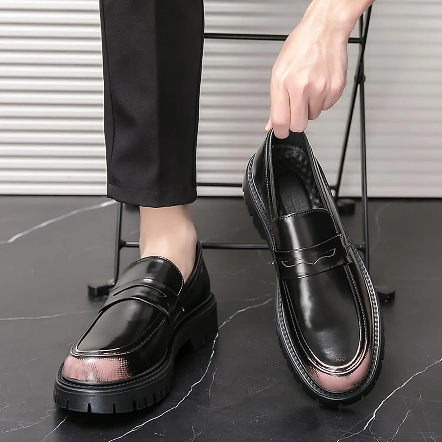 Men's Leather Platform Penny Loafers Classic Round Toe Slip-On Lug Sole Chunky Heel Shoes for Business Formal Work Dress