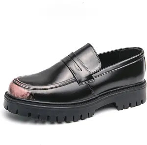 Men's Leather Platform Penny Loafers Classic Round Toe Slip-On Lug Sole Chunky Heel Shoes for Business Formal Work Dress