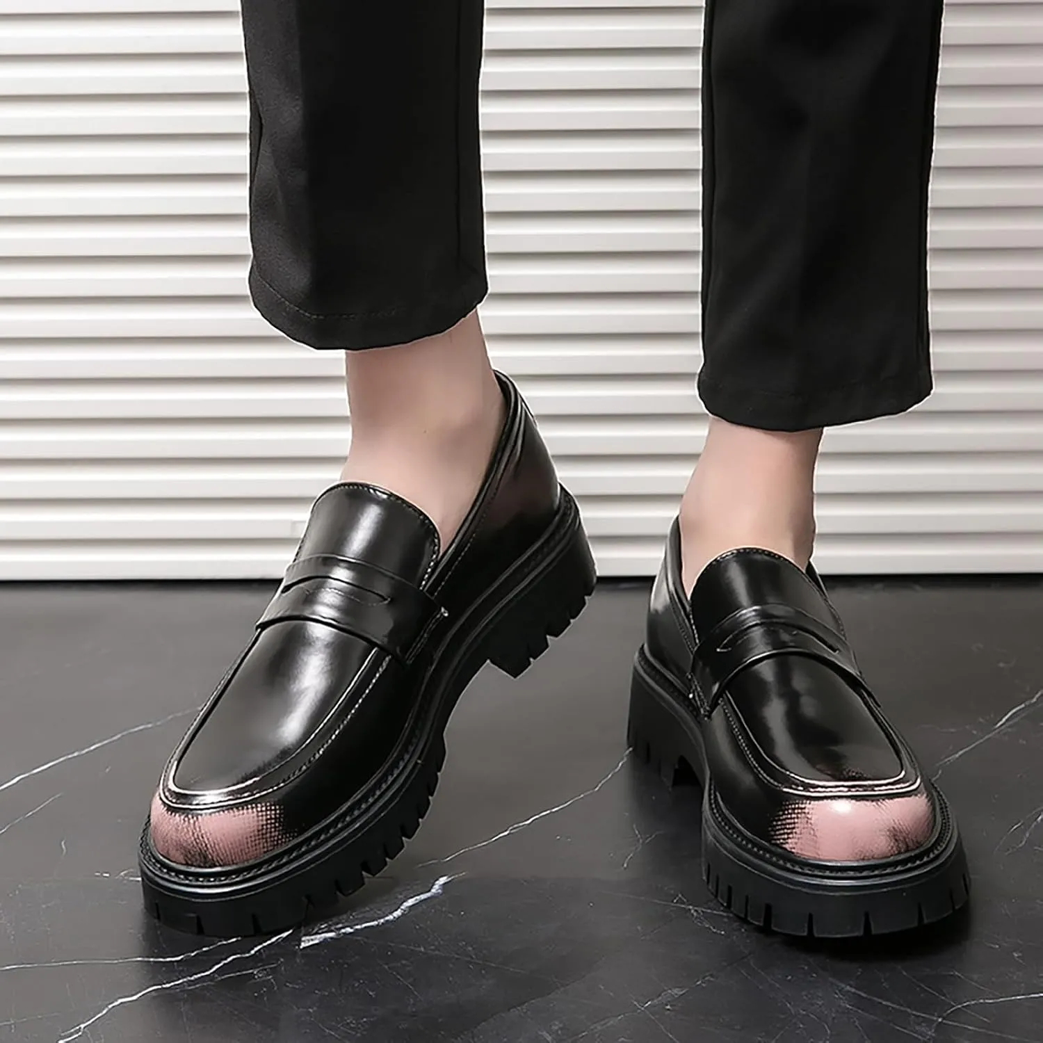 Men's Leather Platform Penny Loafers Classic Round Toe Slip-On Lug Sole Chunky Heel Shoes for Business Formal Work Dress