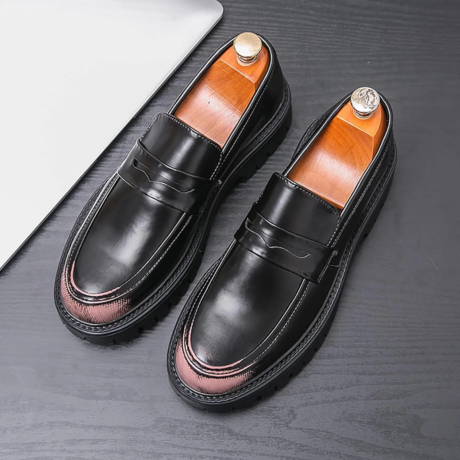 Men's Leather Platform Penny Loafers Classic Round Toe Slip-On Lug Sole Chunky Heel Shoes for Business Formal Work Dress