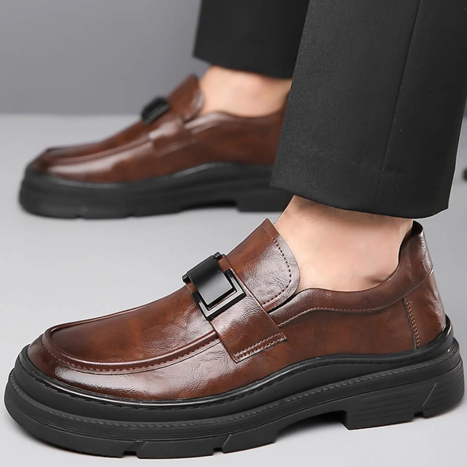 Men's Leather Round Toe Platform Slip-On Oxford Shoes,Fashion Metal Decoration Business Loafers Casual Formal Work Driving Shoes