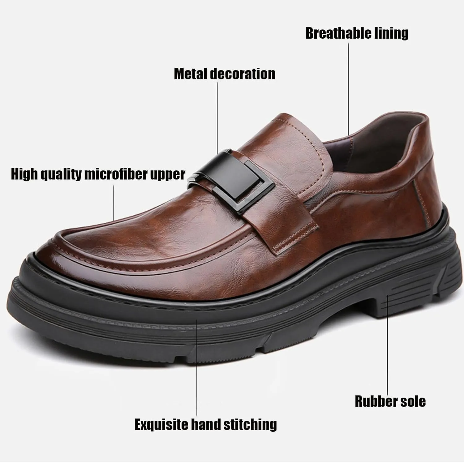 Men's Leather Round Toe Platform Slip-On Oxford Shoes,Fashion Metal Decoration Business Loafers Casual Formal Work Driving Shoes