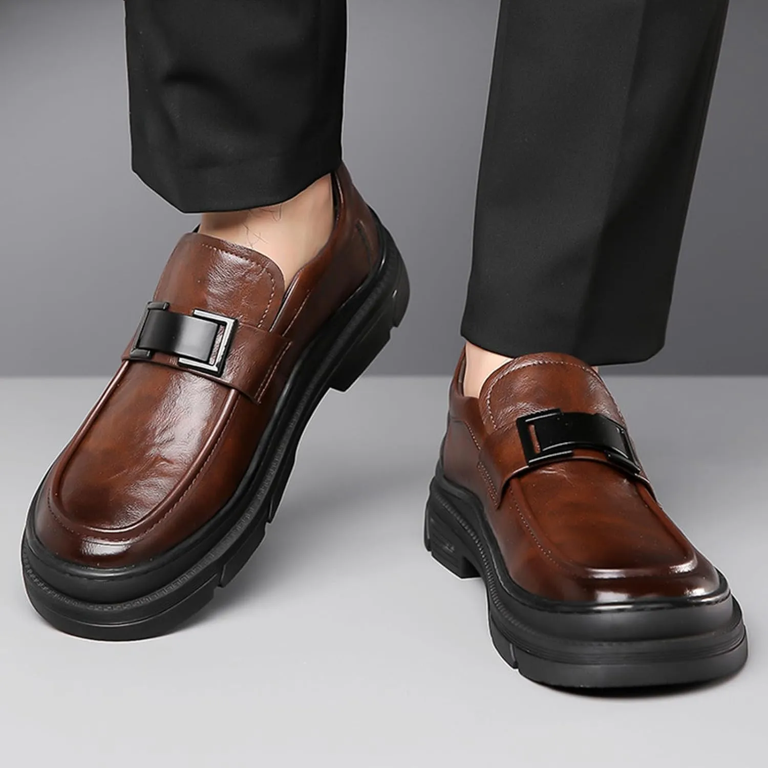 Men's Leather Round Toe Platform Slip-On Oxford Shoes,Fashion Metal Decoration Business Loafers Casual Formal Work Driving Shoes