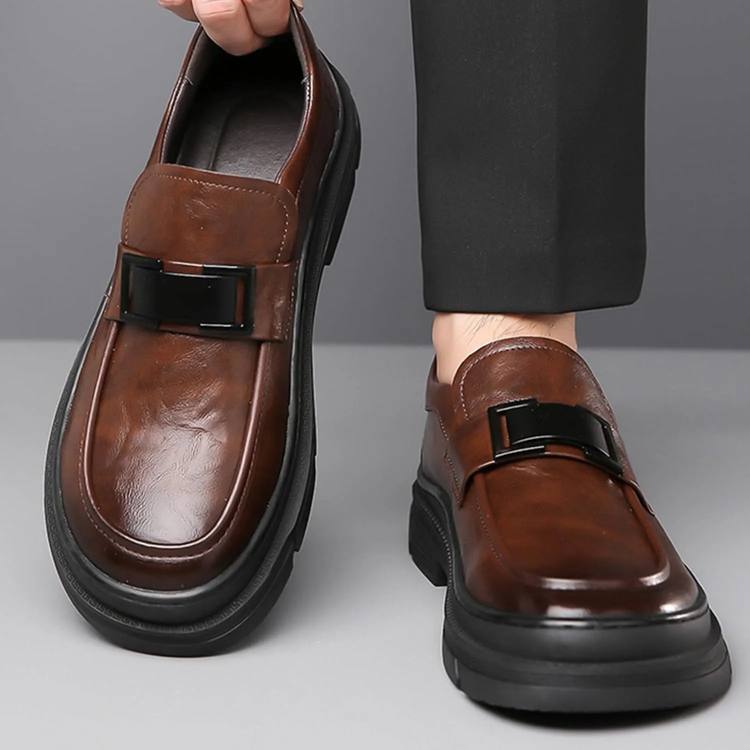 Men's Leather Round Toe Platform Slip-On Oxford Shoes,Fashion Metal Decoration Business Loafers Casual Formal Work Driving Shoes