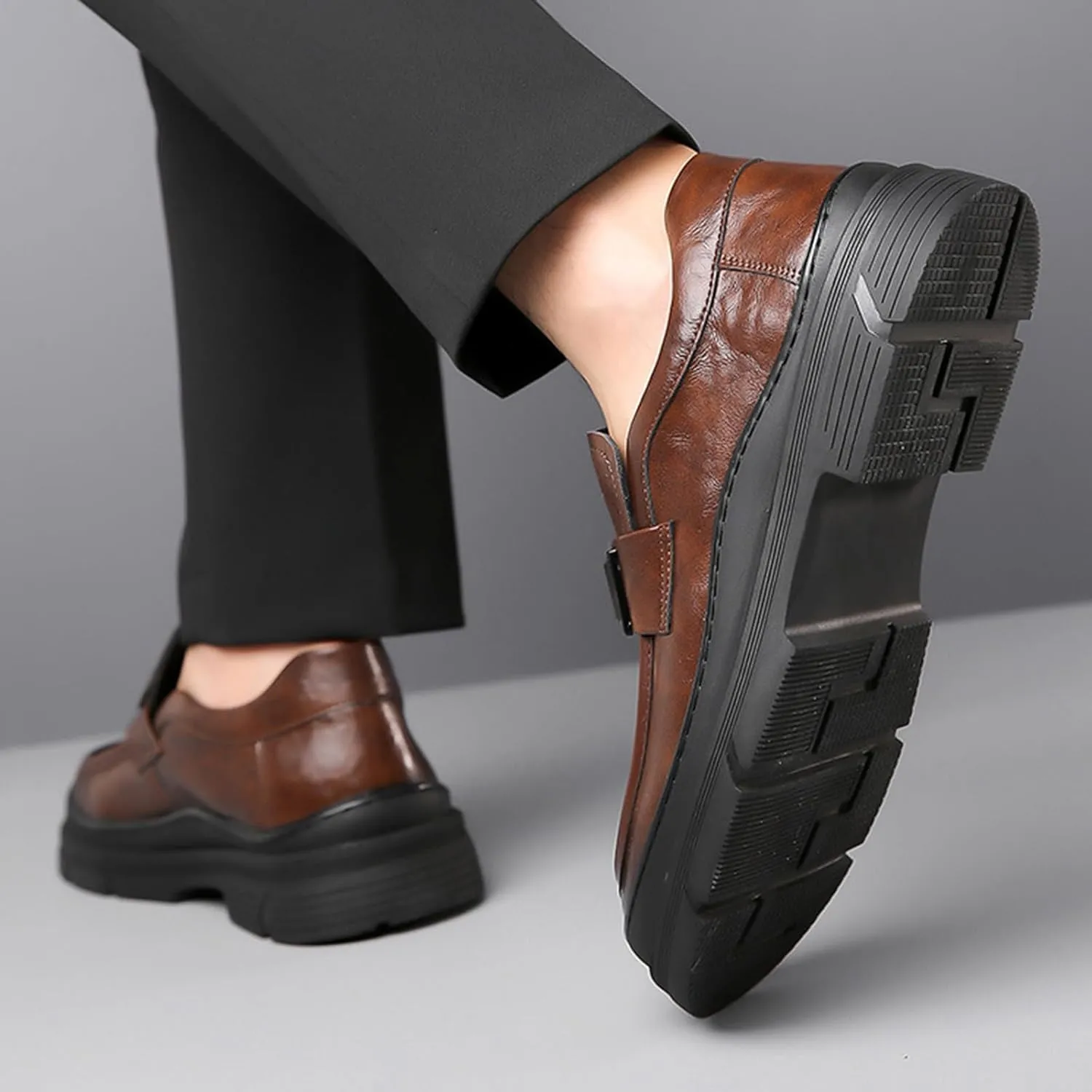 Men's Leather Round Toe Platform Slip-On Oxford Shoes,Fashion Metal Decoration Business Loafers Casual Formal Work Driving Shoes