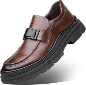 Men's Leather Round Toe Platform Slip-On Oxford Shoes,Fashion Metal Decoration Business Loafers Casual Formal Work Driving Shoes
