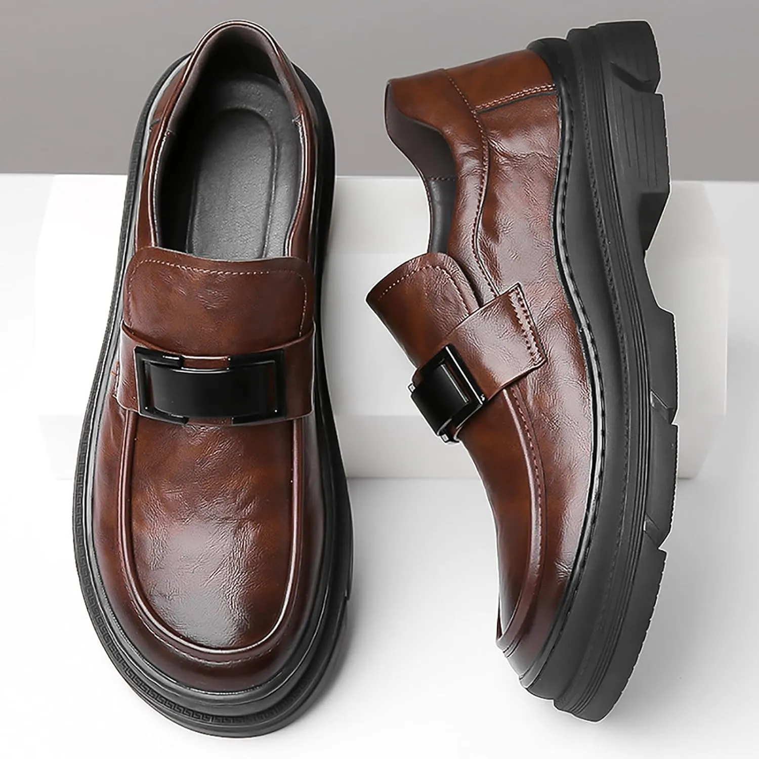 Men's Leather Round Toe Platform Slip-On Oxford Shoes,Fashion Metal Decoration Business Loafers Casual Formal Work Driving Shoes