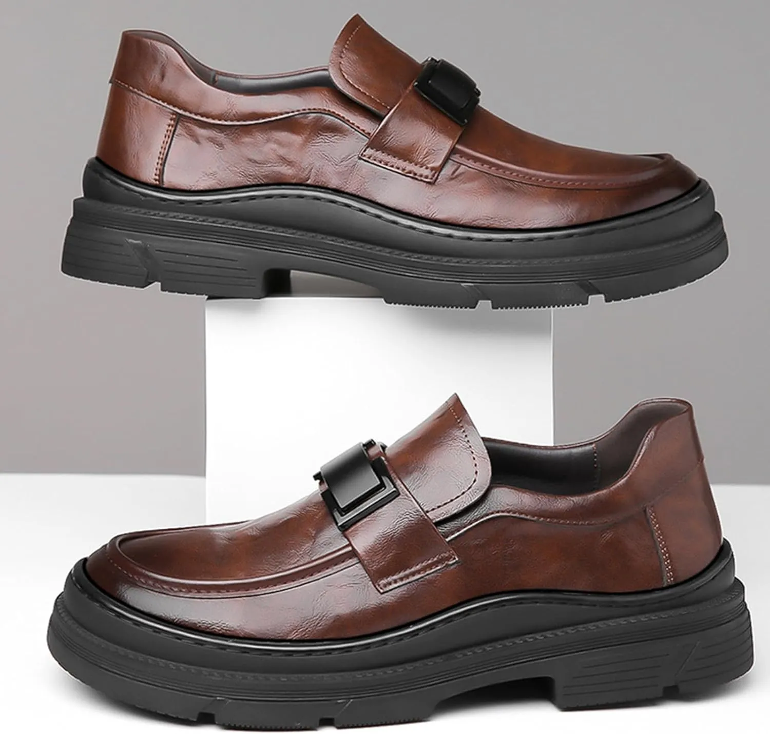 Men's Leather Round Toe Platform Slip-On Oxford Shoes,Fashion Metal Decoration Business Loafers Casual Formal Work Driving Shoes