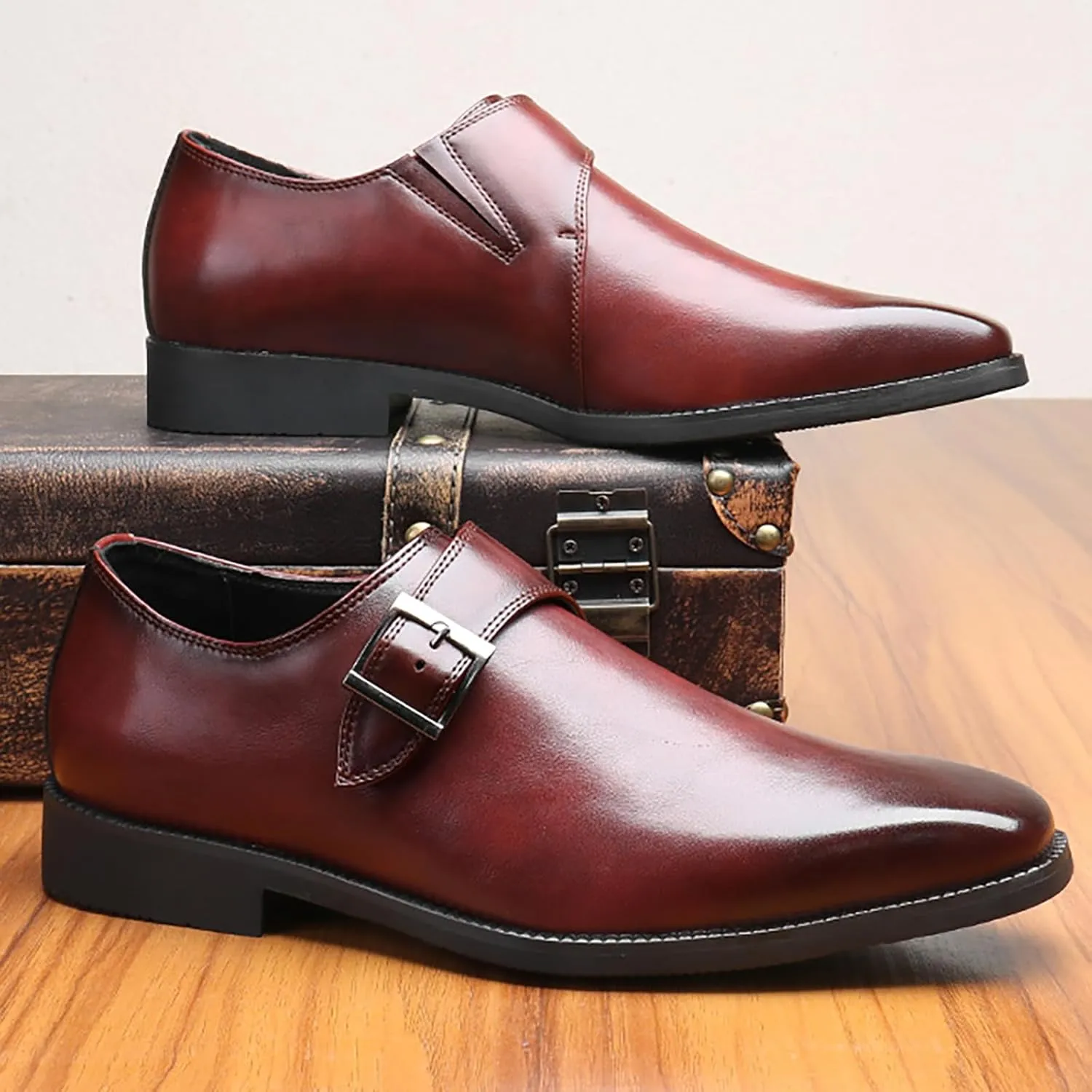 Men's Leather Square Toe Monk Strap Loafers,Classic Slip on Dress Shoes,Low Top Formal Business Oxford Shoes