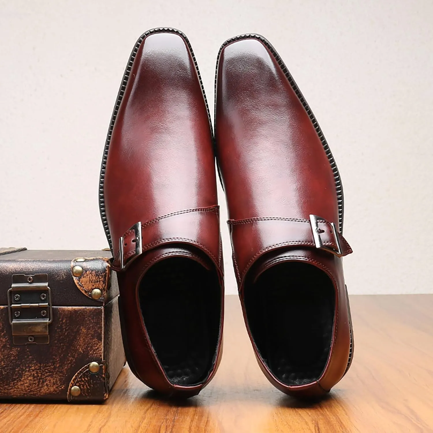 Men's Leather Square Toe Monk Strap Loafers,Classic Slip on Dress Shoes,Low Top Formal Business Oxford Shoes