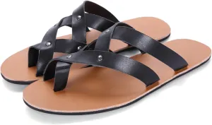 Men's Leather Toe Ring Flat Roman Sandals Fashion Breathable Round Open Toe Cross Strap Slip-On Clip-Toe Non-Slip Beach Sandals Comfortable Walking Flat Sandals