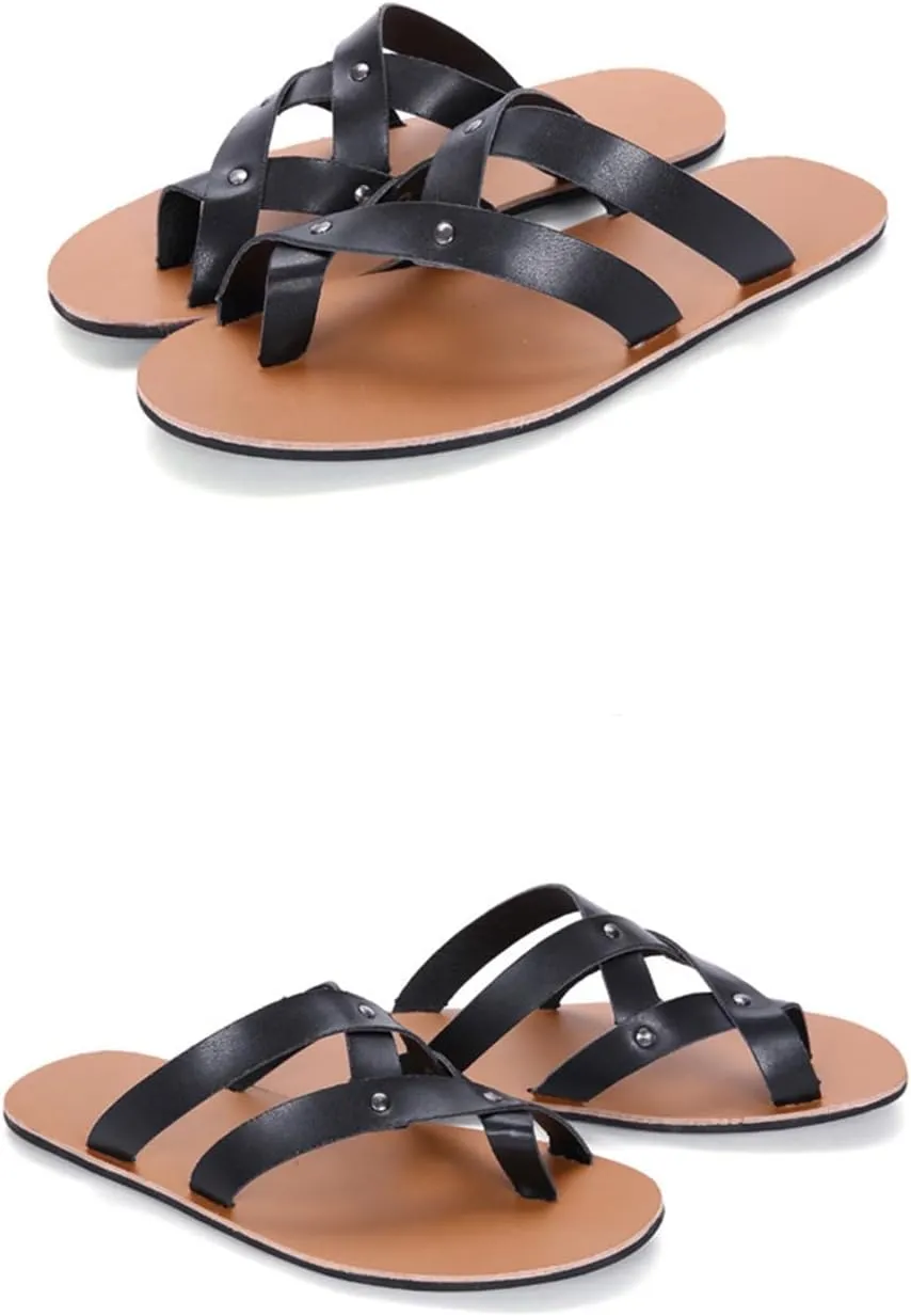 Men's Leather Toe Ring Flat Roman Sandals Fashion Breathable Round Open Toe Cross Strap Slip-On Clip-Toe Non-Slip Beach Sandals Comfortable Walking Flat Sandals