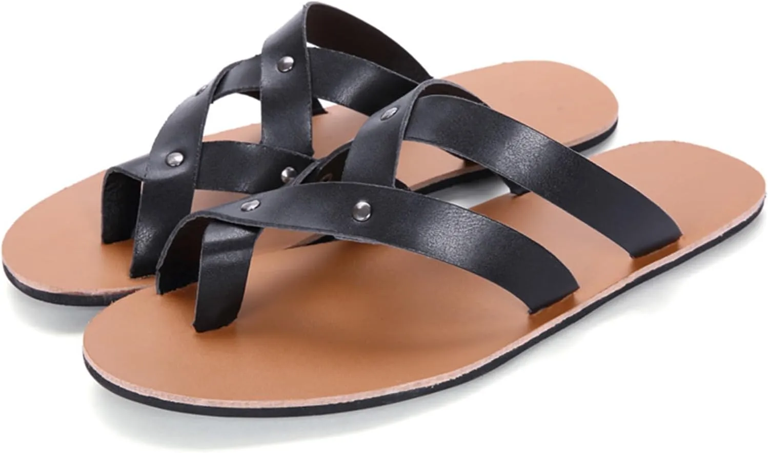 Men's Leather Toe Ring Flat Roman Sandals Fashion Breathable Round Open Toe Cross Strap Slip-On Clip-Toe Non-Slip Beach Sandals Comfortable Walking Flat Sandals