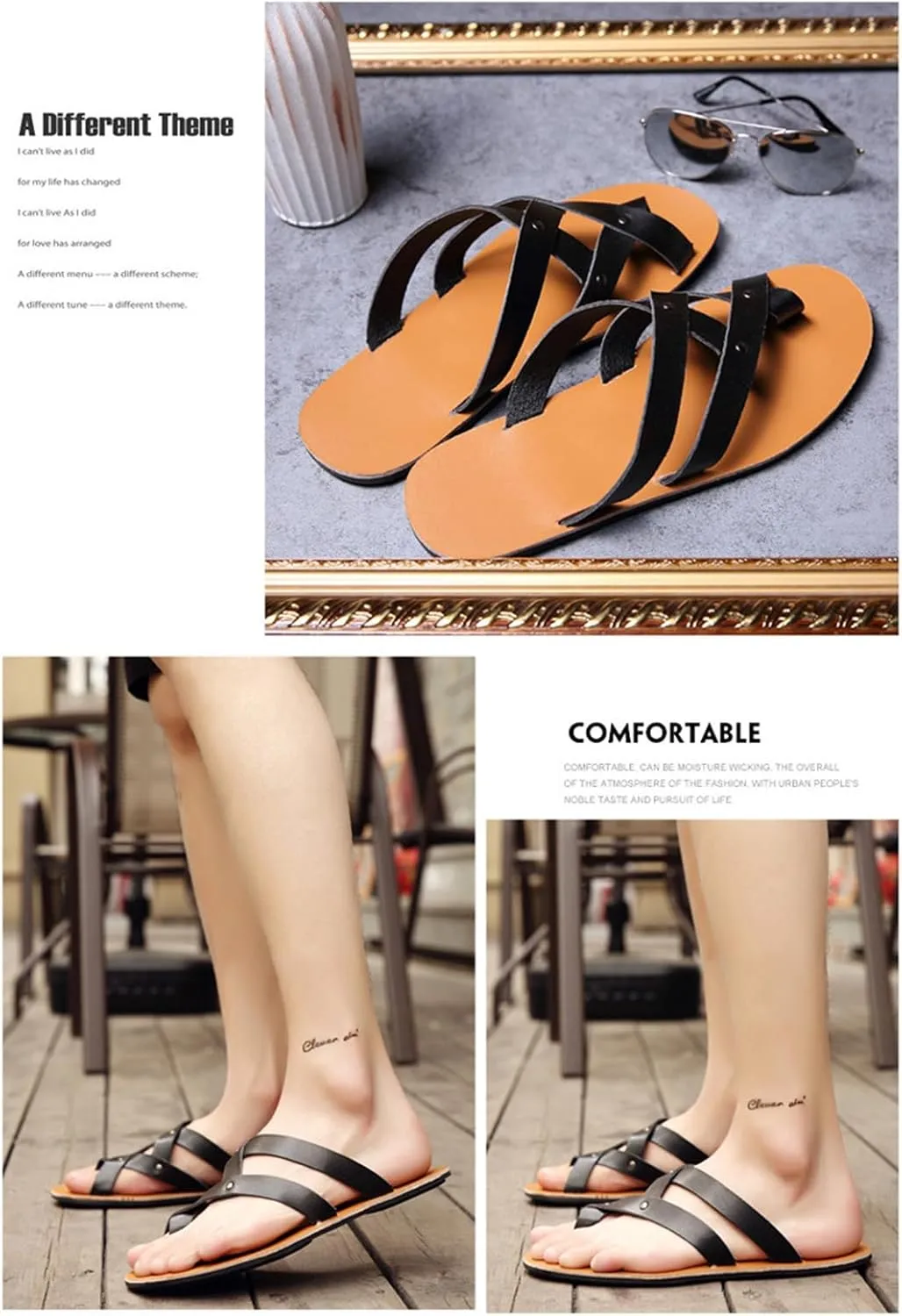 Men's Leather Toe Ring Flat Roman Sandals Fashion Breathable Round Open Toe Cross Strap Slip-On Clip-Toe Non-Slip Beach Sandals Comfortable Walking Flat Sandals